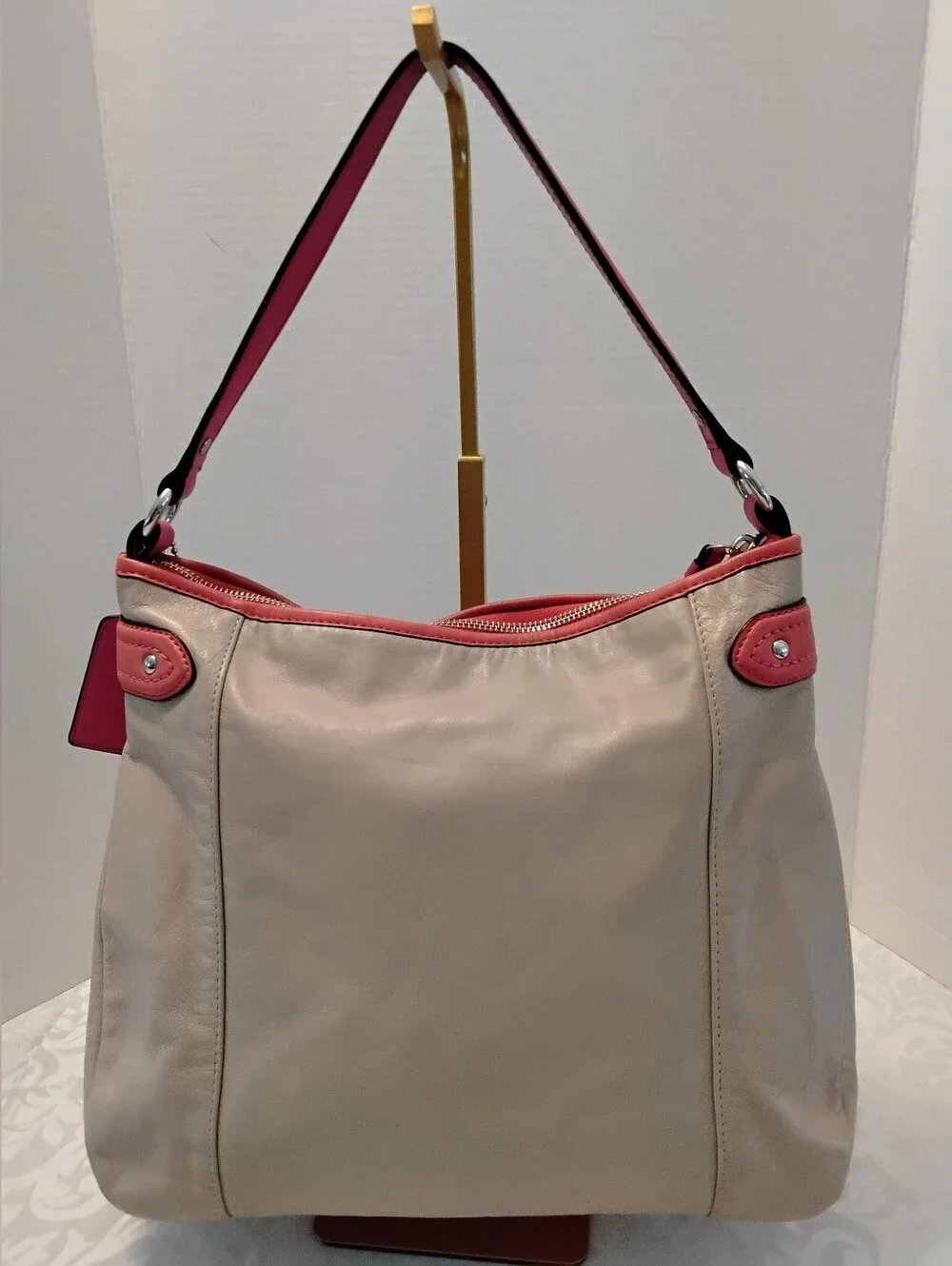Coach Beige Daisy Leather Shoulder Hobo with Pink/Orange Trim and Tags